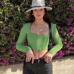 NWT Zara ❤️Bloggers Favorite Green Houndstooth Crop Top Size XS tweed te…